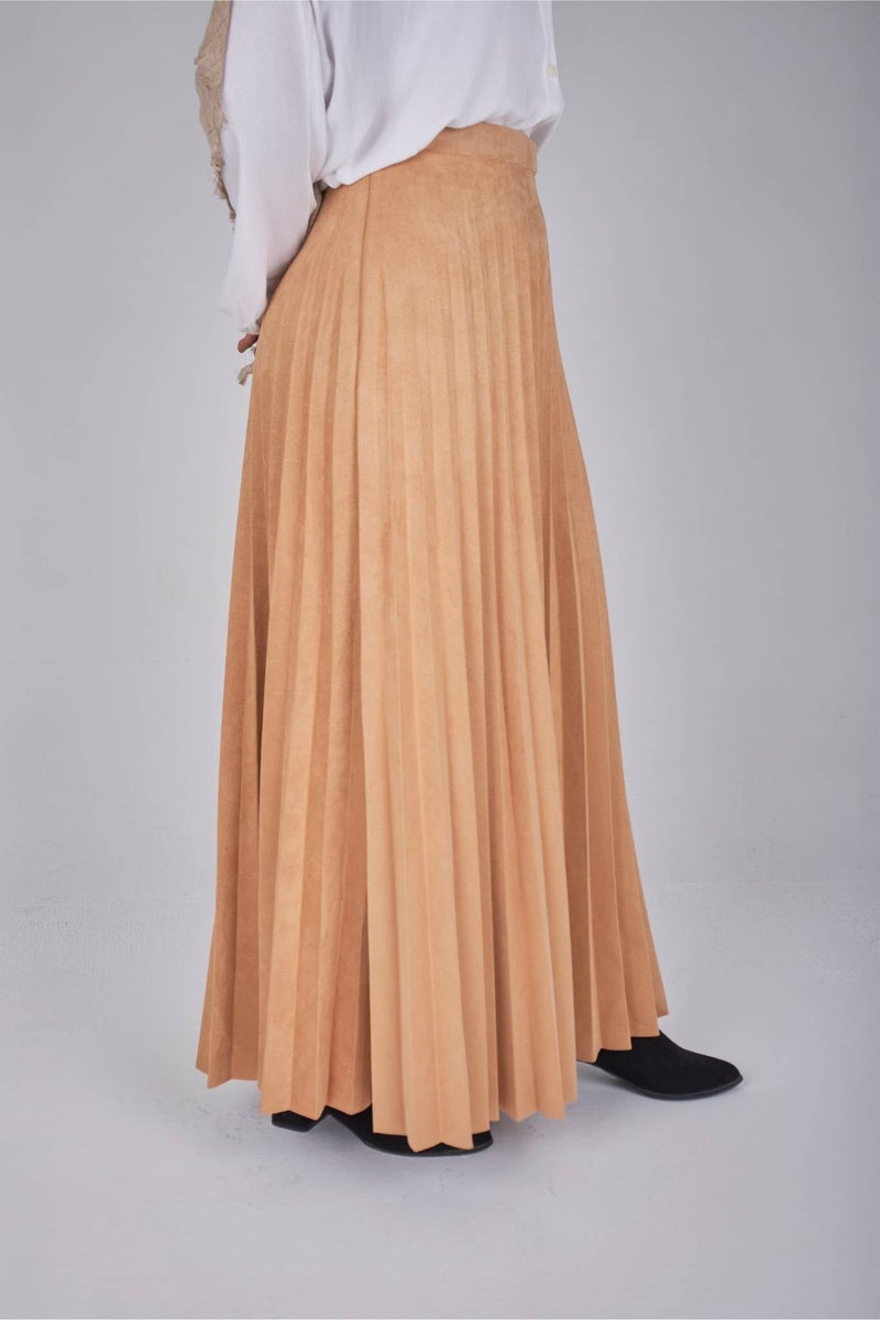 Beige Suede Pleated Skirt - Image 2